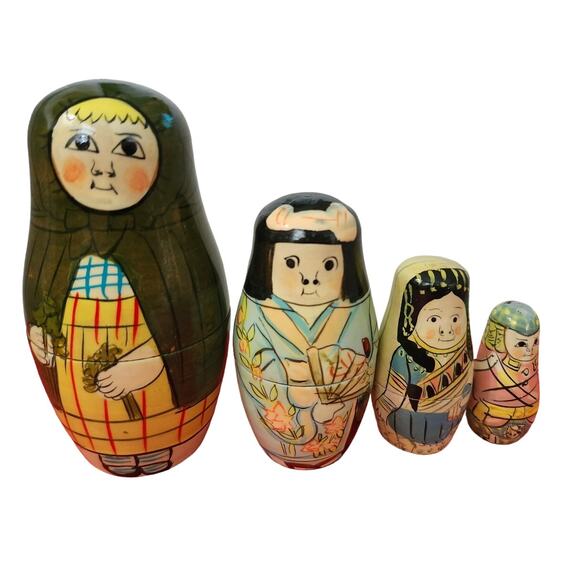 Vintage set 5 Russian Nesting Dolls Unique Artsy Asian Floral Design - Picture 1 of 6